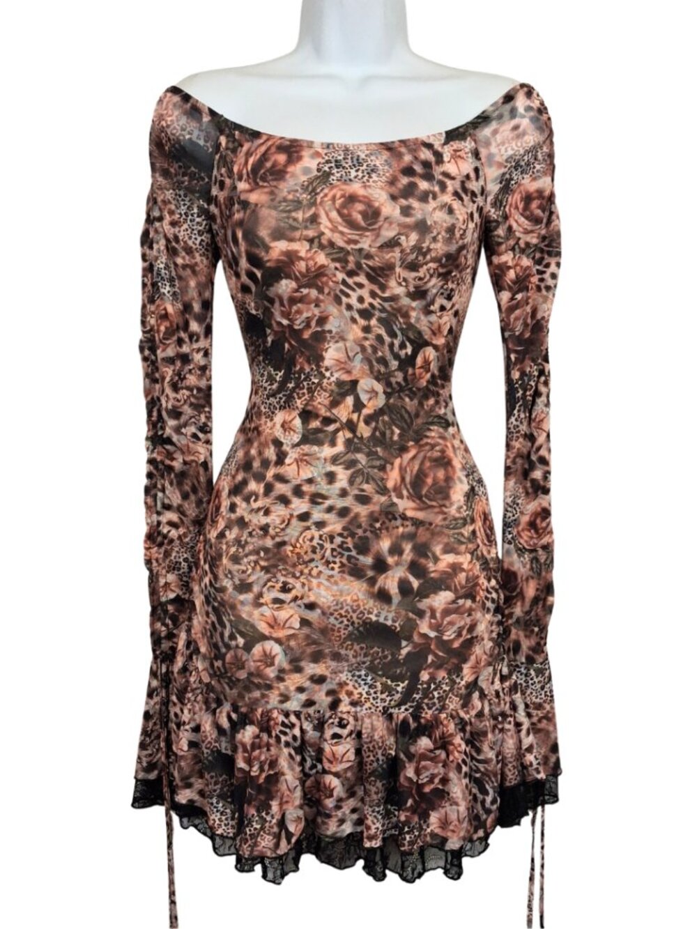 Floral Leopard Print Long Sleeve Off-Shoulder Dress - Brown